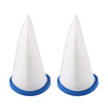 Two white conical reusable sand and silt filter bags with blue bases