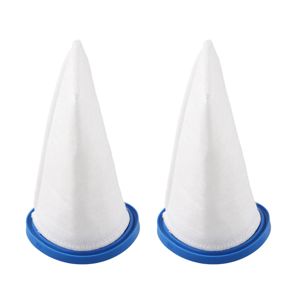 Two white conical reusable sand and silt filter bags with blue bases