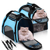 A light blue portable foldable pet carrier for cats and dogs shown in various open and closed configurations.