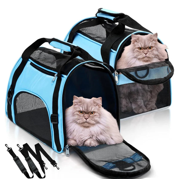 A light blue portable foldable pet carrier for cats and dogs shown in various open and closed configurations.