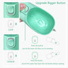 A teal portable leakproof dog water bottle with a built-in bowl showing lock and unlock functions.