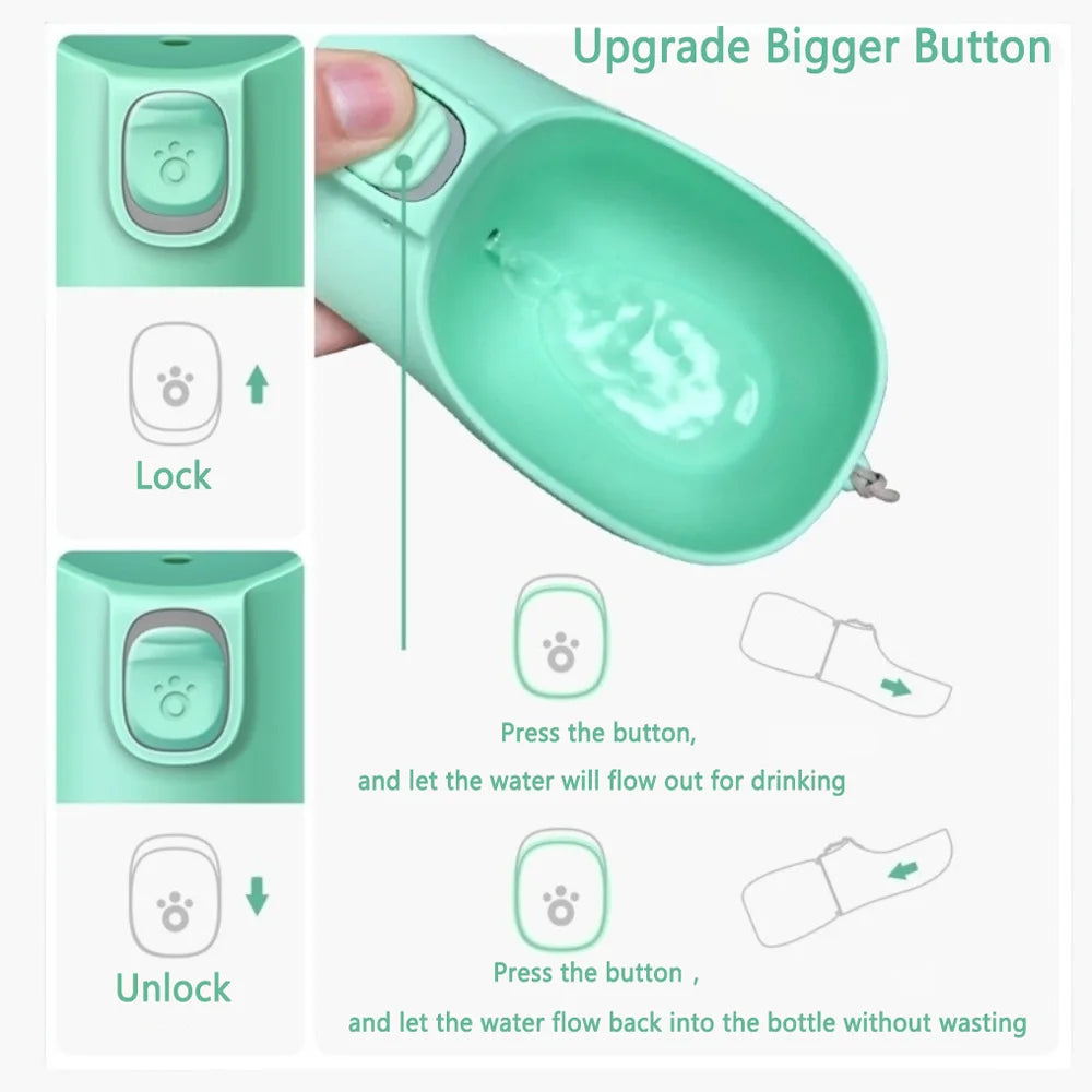 A teal portable leakproof dog water bottle with a built-in bowl showing lock and unlock functions.