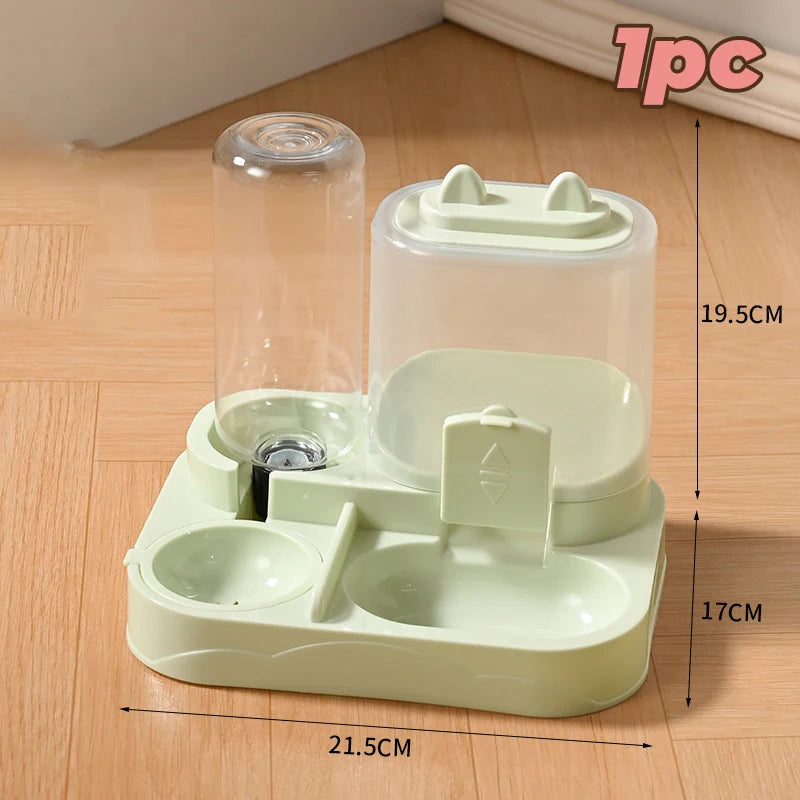 A light green 2-in-1 automatic pet water and food feeder with transparent containers and feeding compartments.