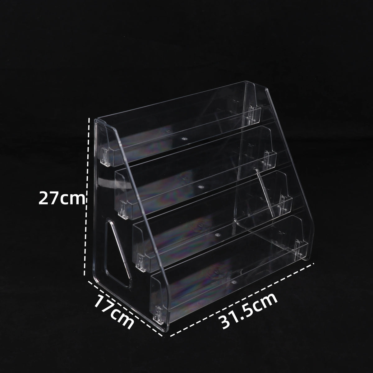 A clear acrylic display stand with multiple slots for holding business cards and brochures.