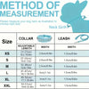 A table showing sizes for an adjustable leather dog collar and leash set, including XS to XXL.