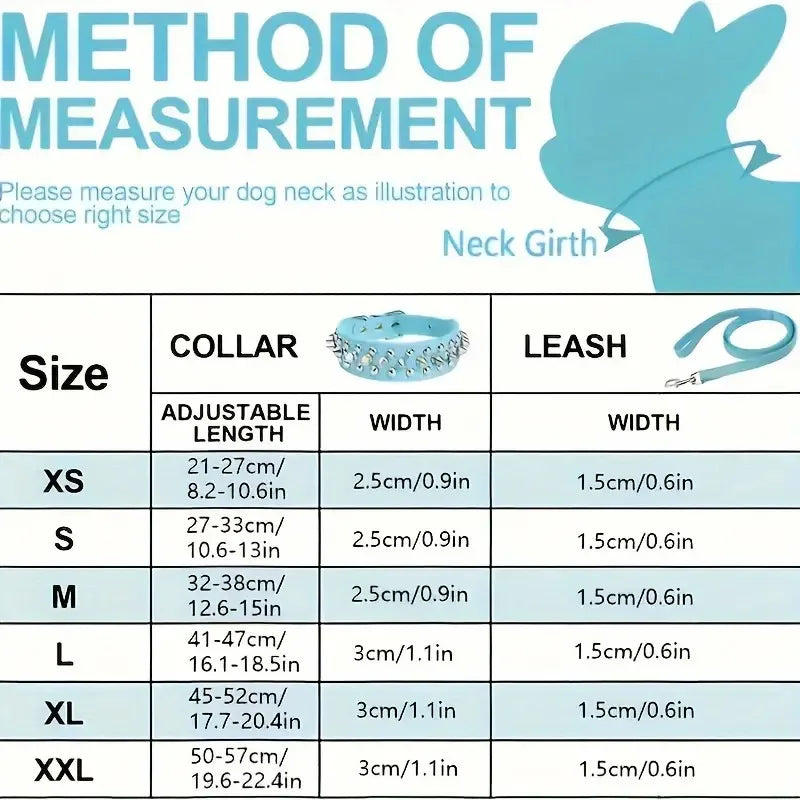 A table showing sizes for an adjustable leather dog collar and leash set, including XS to XXL.