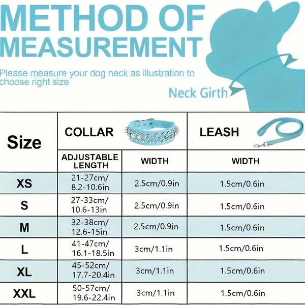 A table showing sizes for an adjustable leather dog collar and leash set, including XS to XXL.