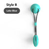 A teal suction cup tug dog ball with a black cord and a light blue circular head.