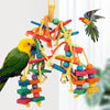 Colorful wooden bead chew toy for parrots featuring various colored beads and a hanging hook.