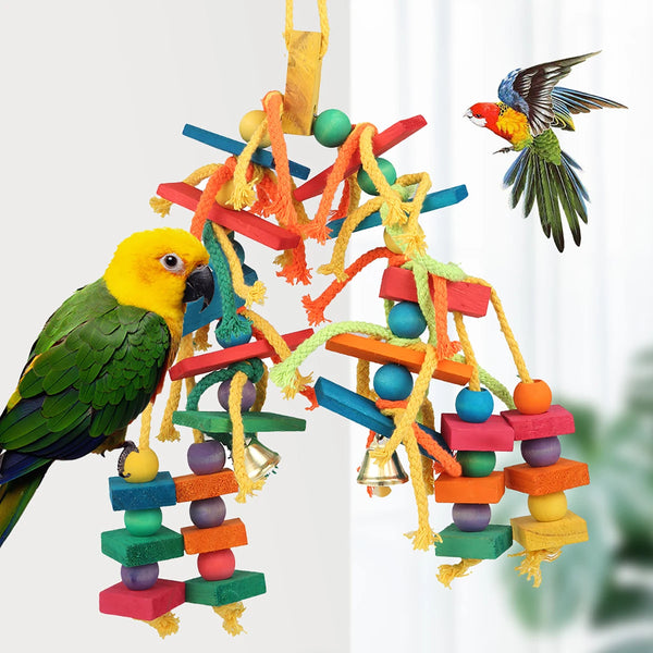 Colorful wooden bead chew toy for parrots featuring various colored beads and a hanging hook.