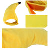 Yellow fuzzy banana cap costume for pets shown in various views