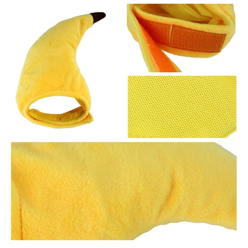 Yellow fuzzy banana cap costume for pets shown in various views
