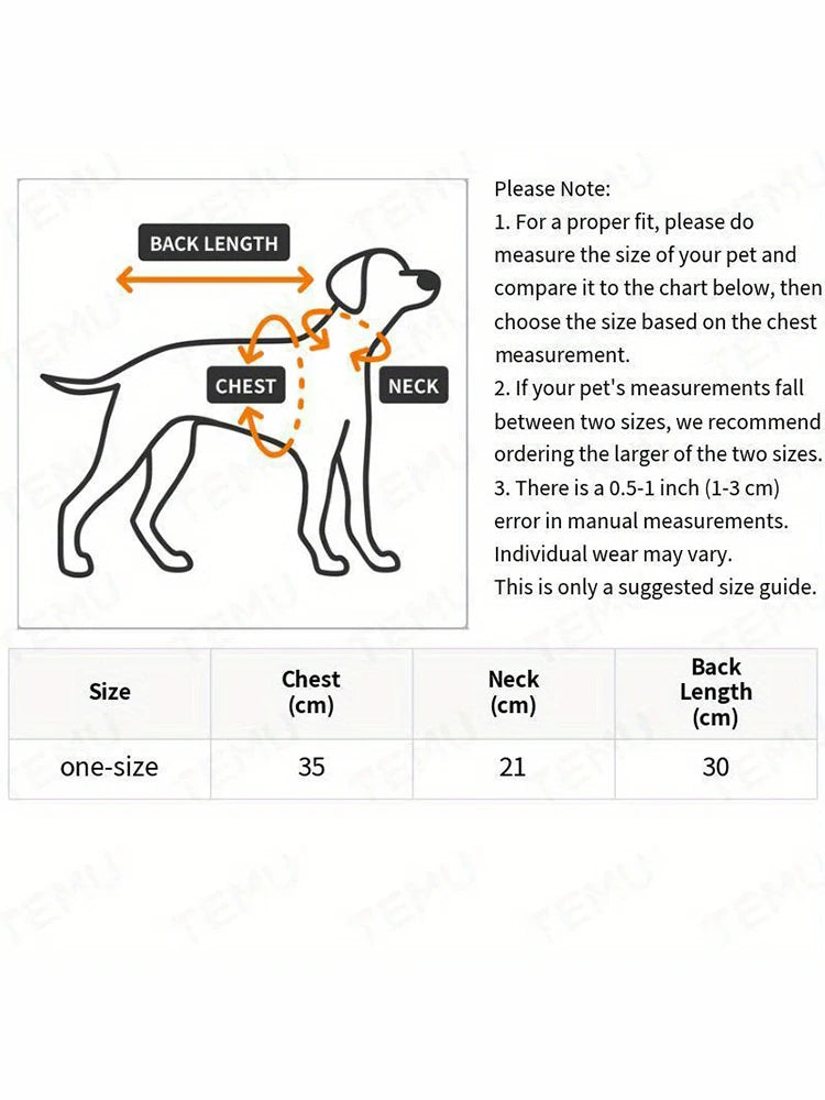 Diagram showing measurements for a pet costume, including back length, chest, and neck dimensions.