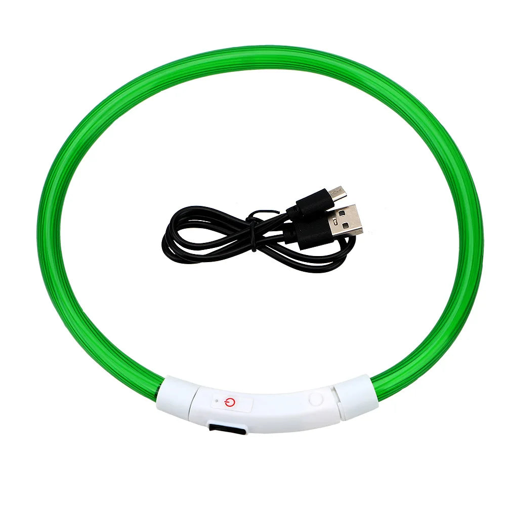 A green LED dog collar with a flexible band and a USB charging cable.