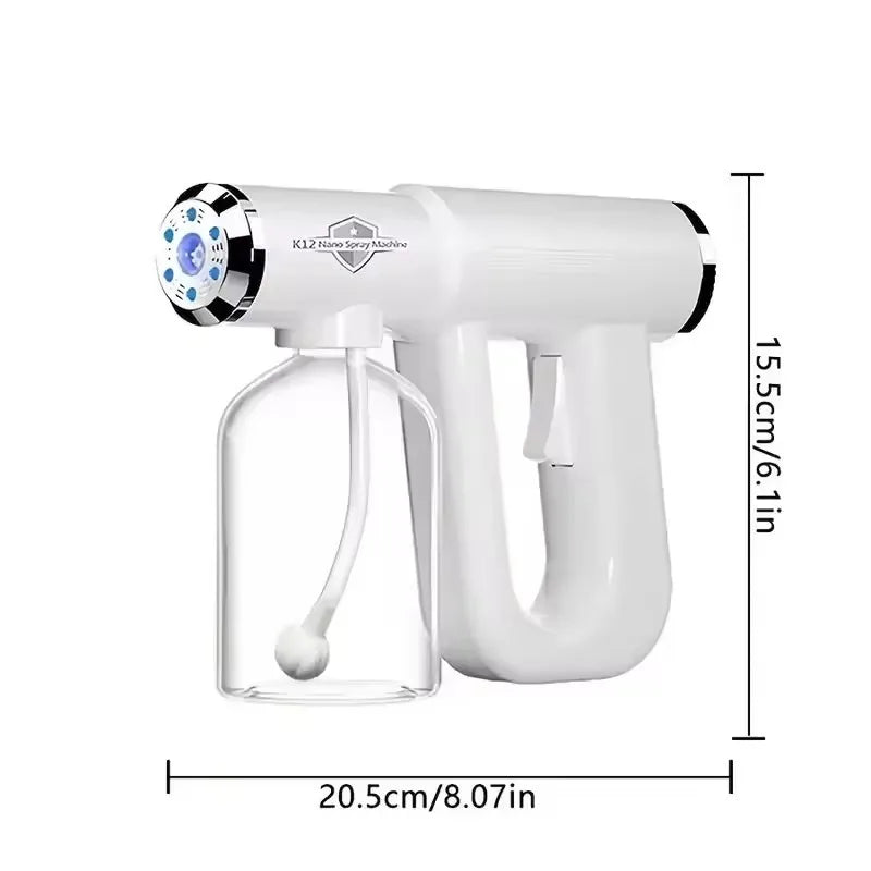 Weißes, wiederaufladbares Nano-Haartrockner für das Styling mit Glasflasche und Griff.