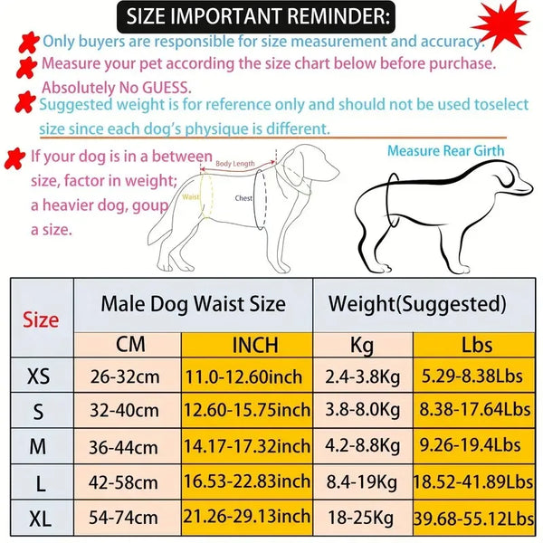 A size chart for reusable pet belly bands for dogs showing measurements in centimeters, inches, and pounds.