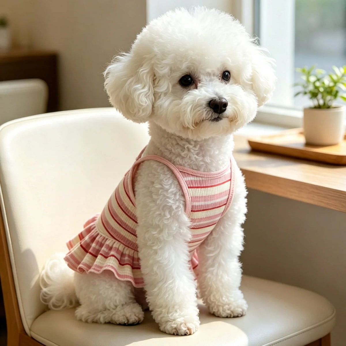 A fluffy white dog wearing a pink and white striped ruffle hem dress sitting on a light-colored chair.