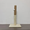 A minimalist sisal cat scratching post with a cylindrical wooden column and a flat base.
