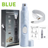 A blue rechargeable pet nail grinder device shown with its components and power cord.