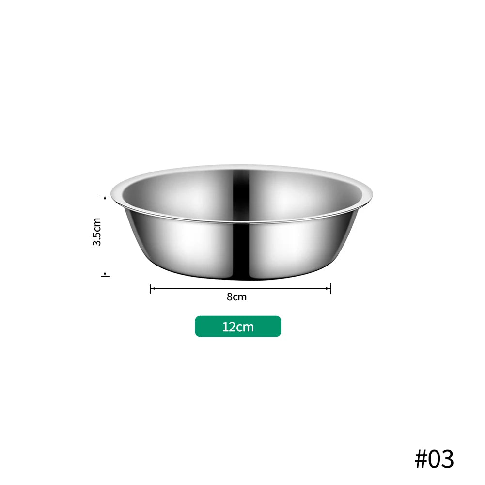 A stainless steel pet feeding bowl with a diameter of 12cm and a depth of 3.5cm.
