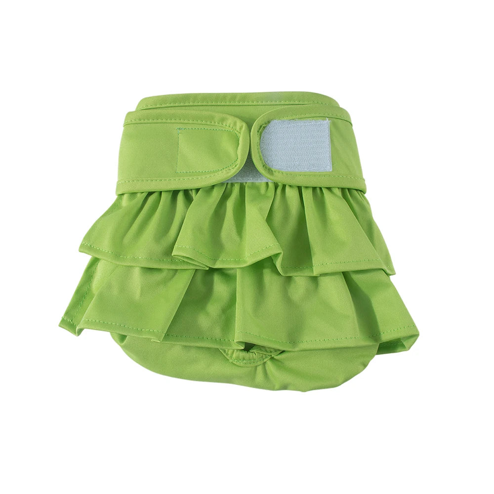 A stack of lime green reusable washable dog diapers for female dogs.