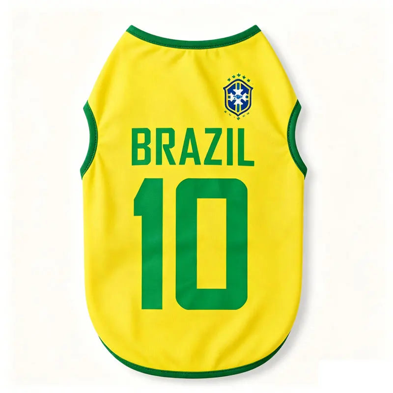 Yellow and green sport team dog jersey vest with the number 10 and a crest