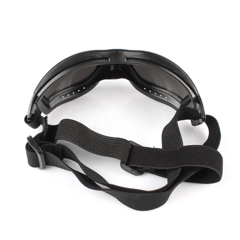 Black durable dog eye protection sunglasses with adjustable strap.
