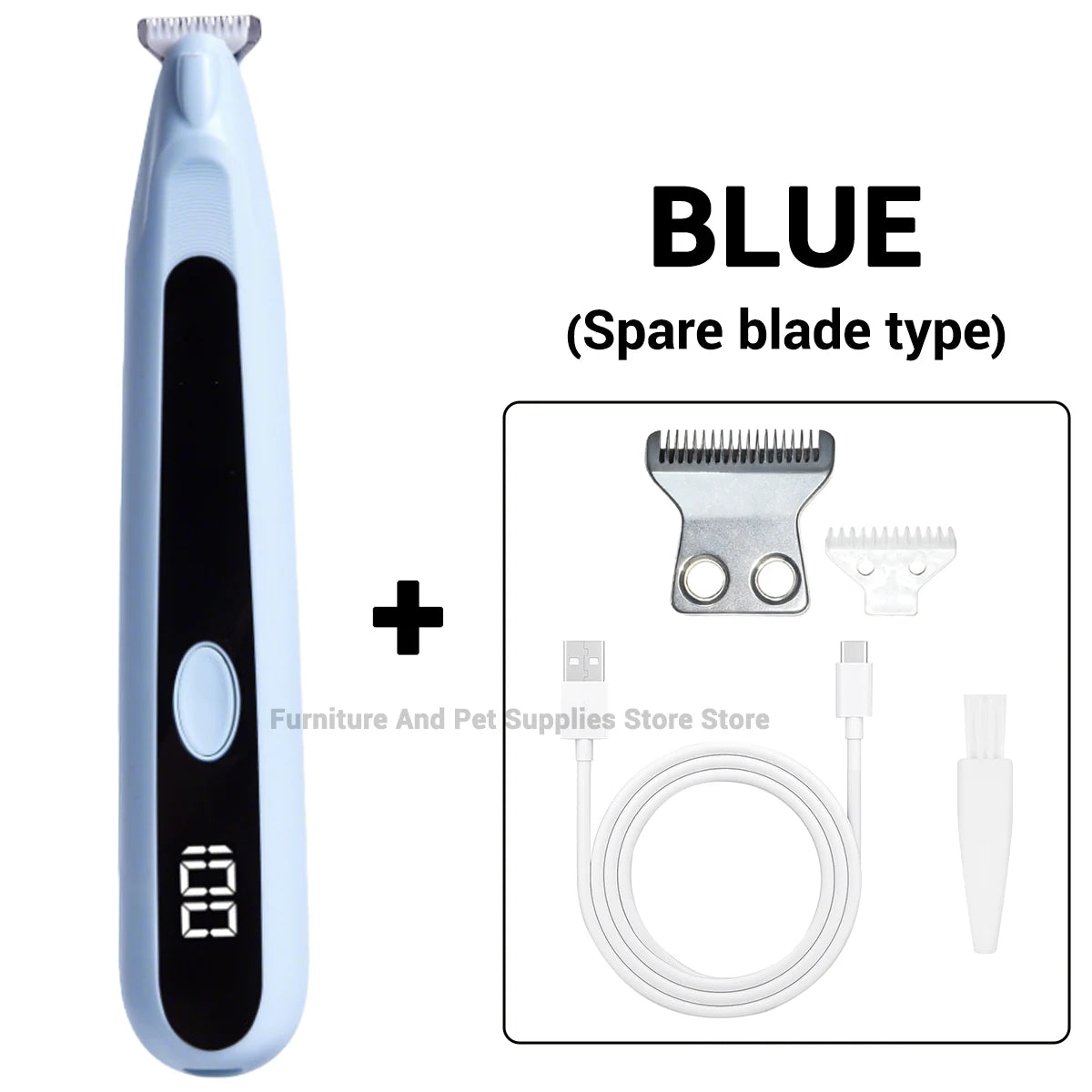 Blauer elektrischer Haartrimmer mit Ersatzklinge und Ladekabel auf weißem Hintergrund