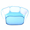 A light blue portable pet playpen with a clear mesh enclosure and a solid base.