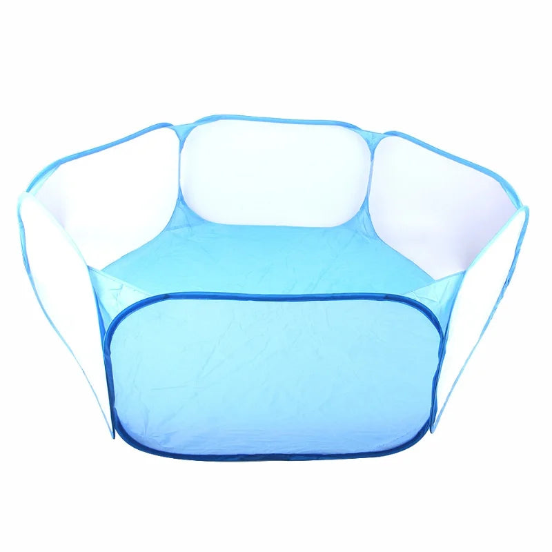 A light blue portable pet playpen with a clear mesh enclosure and a solid base.