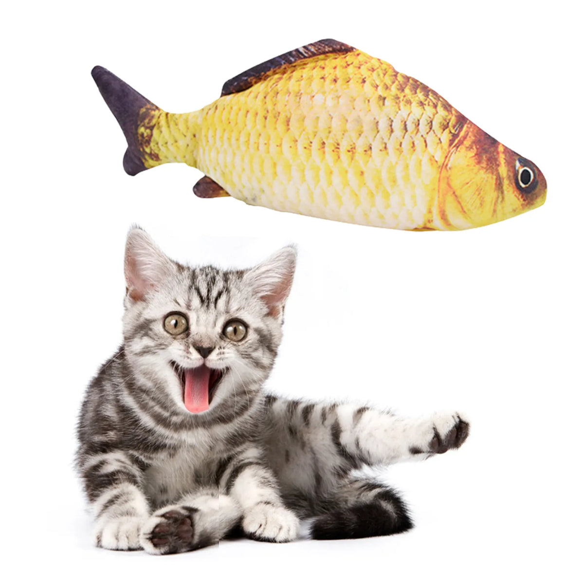 A yellow and orange fish toy is shown next to a playful kitten.
