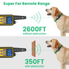 A dog wearing a collar is shown next to a remote control device demonstrating long-range training capabilities.