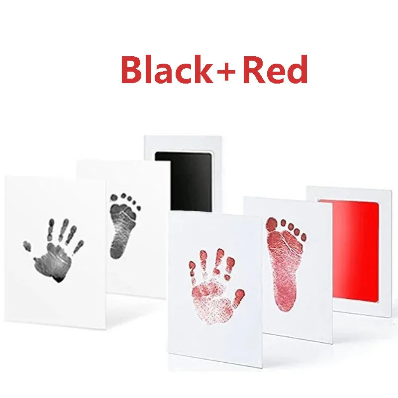 Black and red baby handprint and footprint kits displayed on a white background.