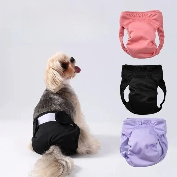 Colección de panties sanitarias anti-fugas reutilizables para perros en negro, rosa y púrpura.