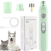 A professional pet nail grinder in light green, shown with various components and a dog.