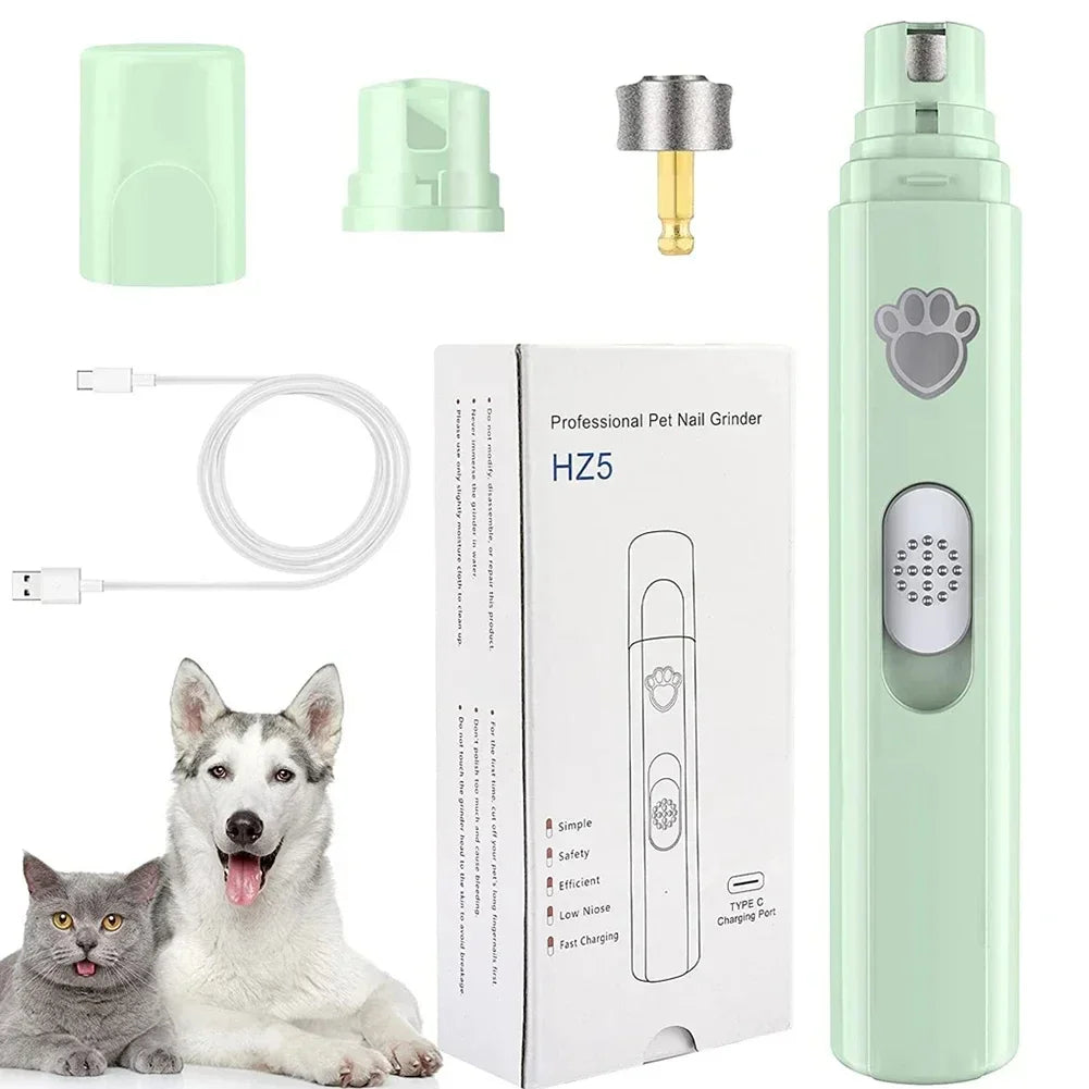 A professional pet nail grinder in light green, shown with various components and a dog.