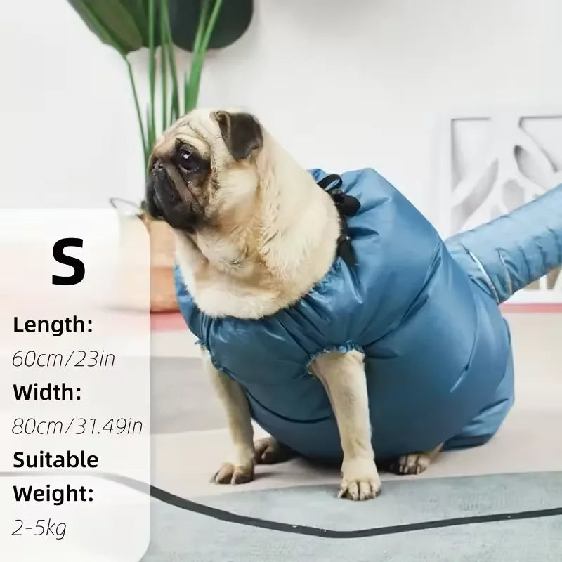 A light brown dog is sitting next to a blue pet drying bag with measurements displayed.