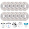 A set of replacement activated carbon filters for a cat water fountain, shown in various sizes and packaging.