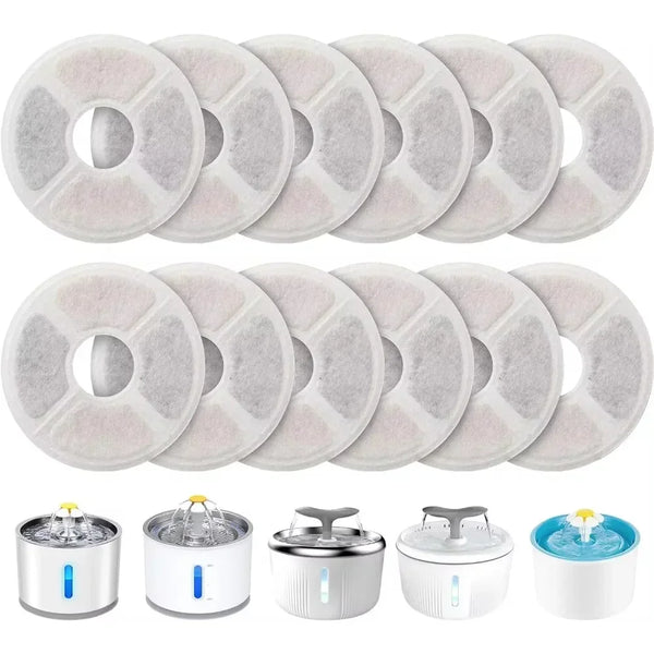 A set of replacement activated carbon filters for a cat water fountain, shown in various sizes and packaging.