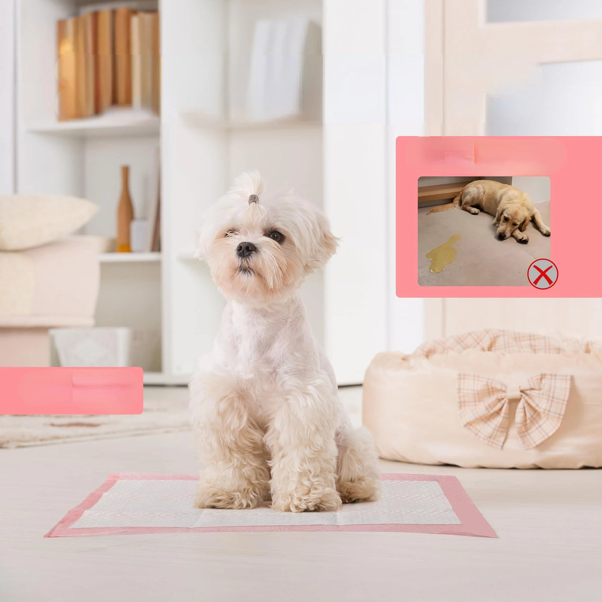 A fluffy light-colored dog sitting on a pink absorbent pad with a beige storage bag nearby.