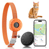 An orange waterproof GPS pet tracker collar for a cat is shown alongside the wearable band and a smartphone app interface.