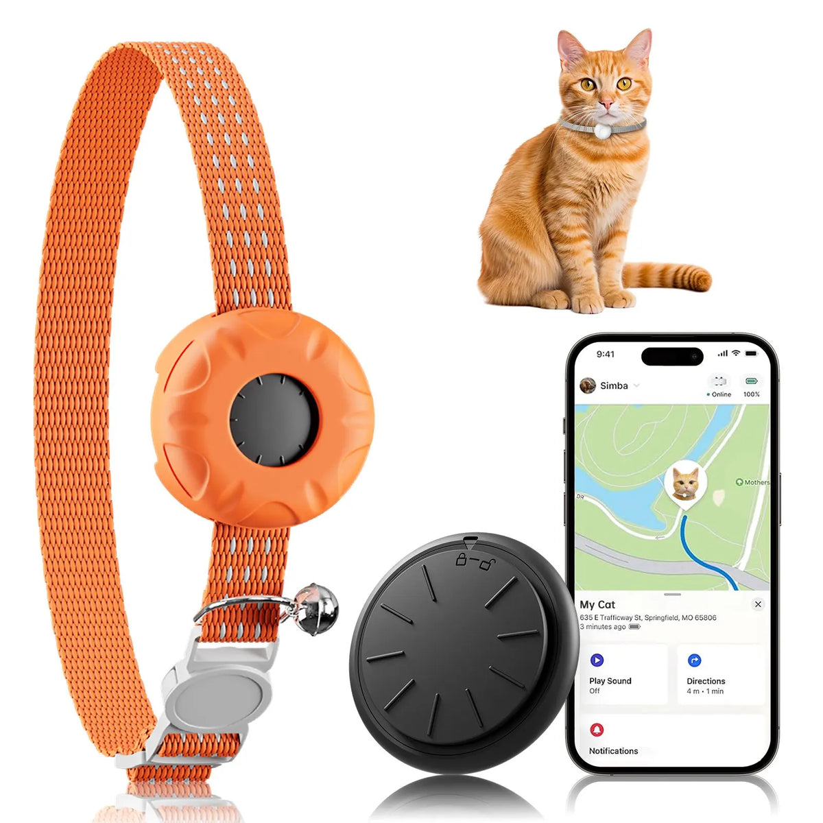 An orange waterproof GPS pet tracker collar for a cat is shown alongside the wearable band and a smartphone app interface.