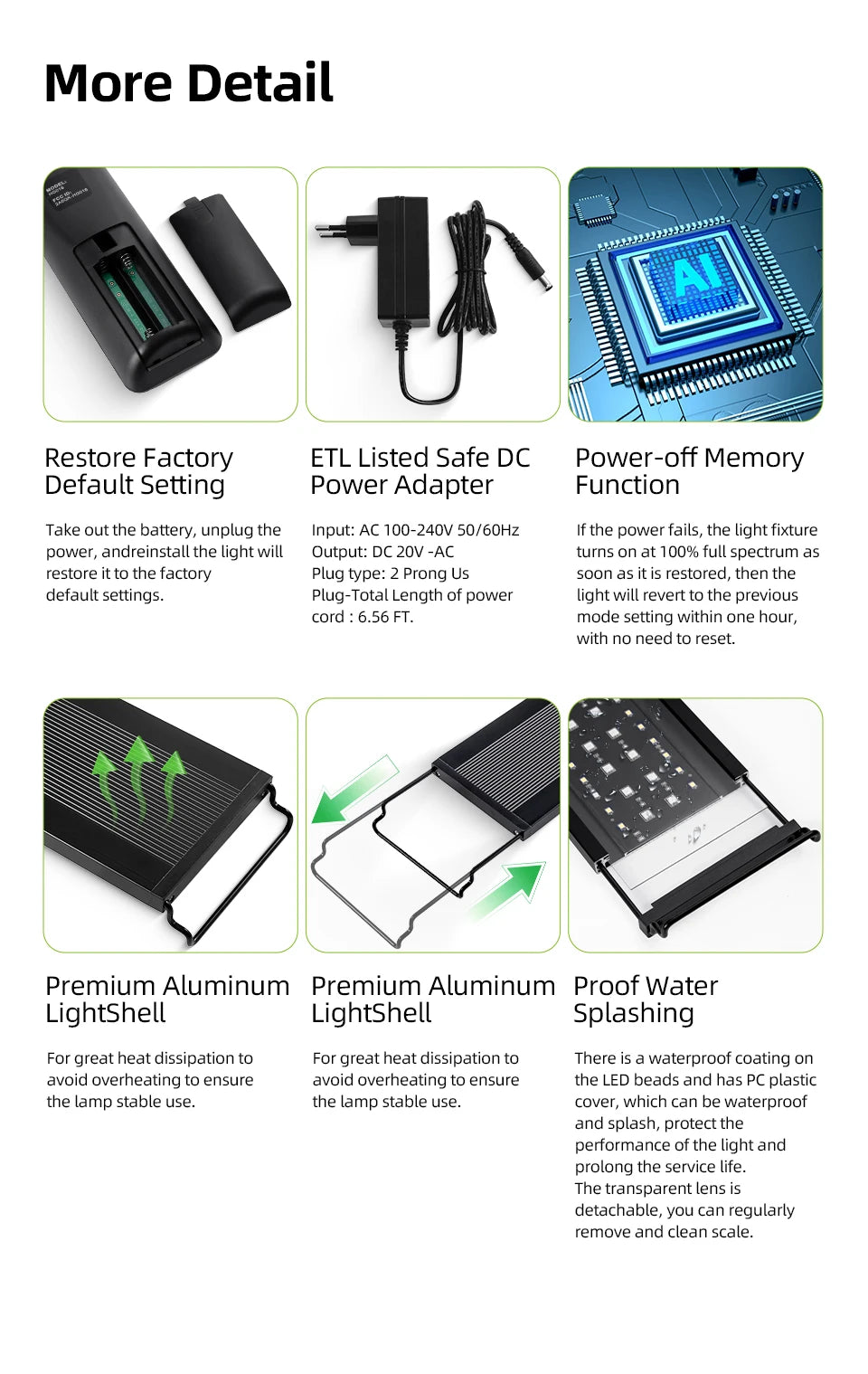 Set an Aquarien-LED-Lichter mit Funktionen wie Werkseinstellungen, Netzadapter und Speicherfunktion.