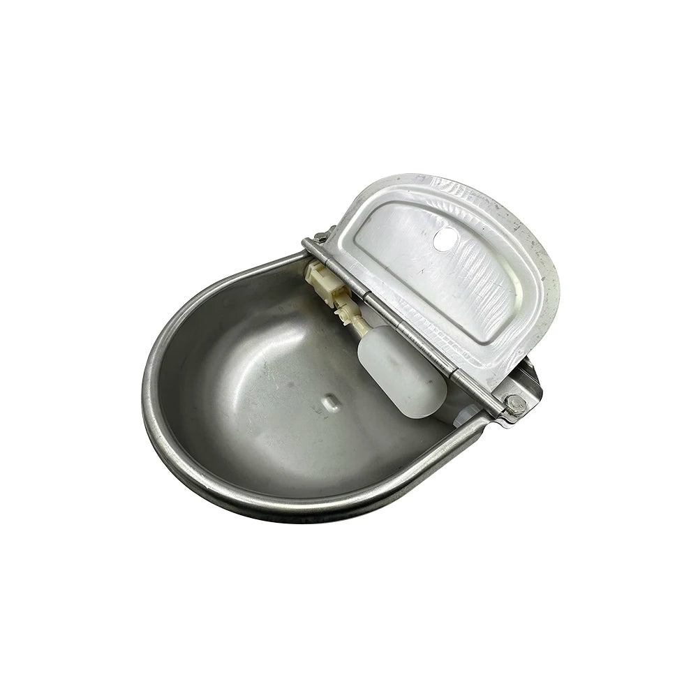 Stainless steel automatic water dispenser bowl for livestock with a hinged lid.