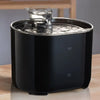A black cat water fountain with a glass bowl filled with clear water and a stream of water flowing.