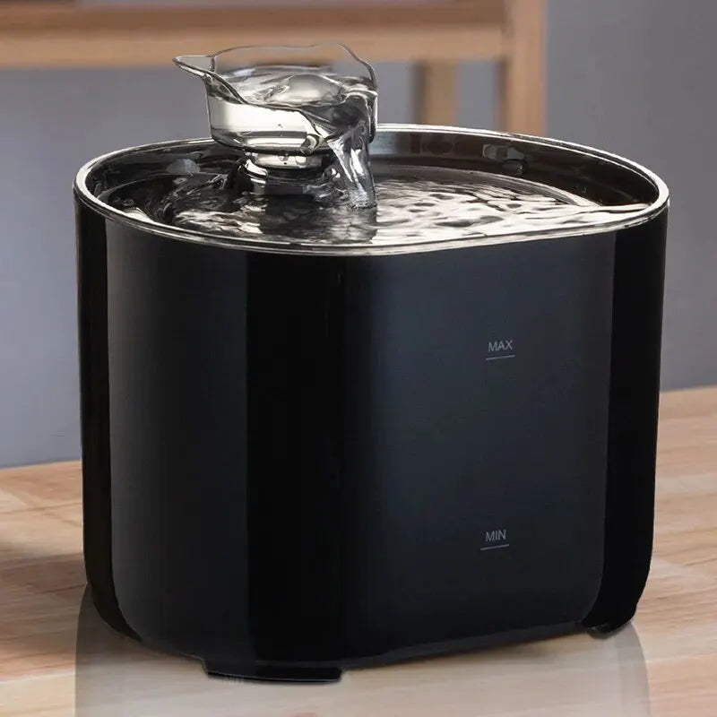 A black cat water fountain with a glass bowl filled with clear water and a stream of water flowing.