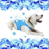 A happy white dog wearing a blue breathable cooling vest against a background of blue ice crystals.