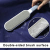 A double-sided brush surface lint remover tool is shown against a dark blue fabric, with an inset view of the textured bristl