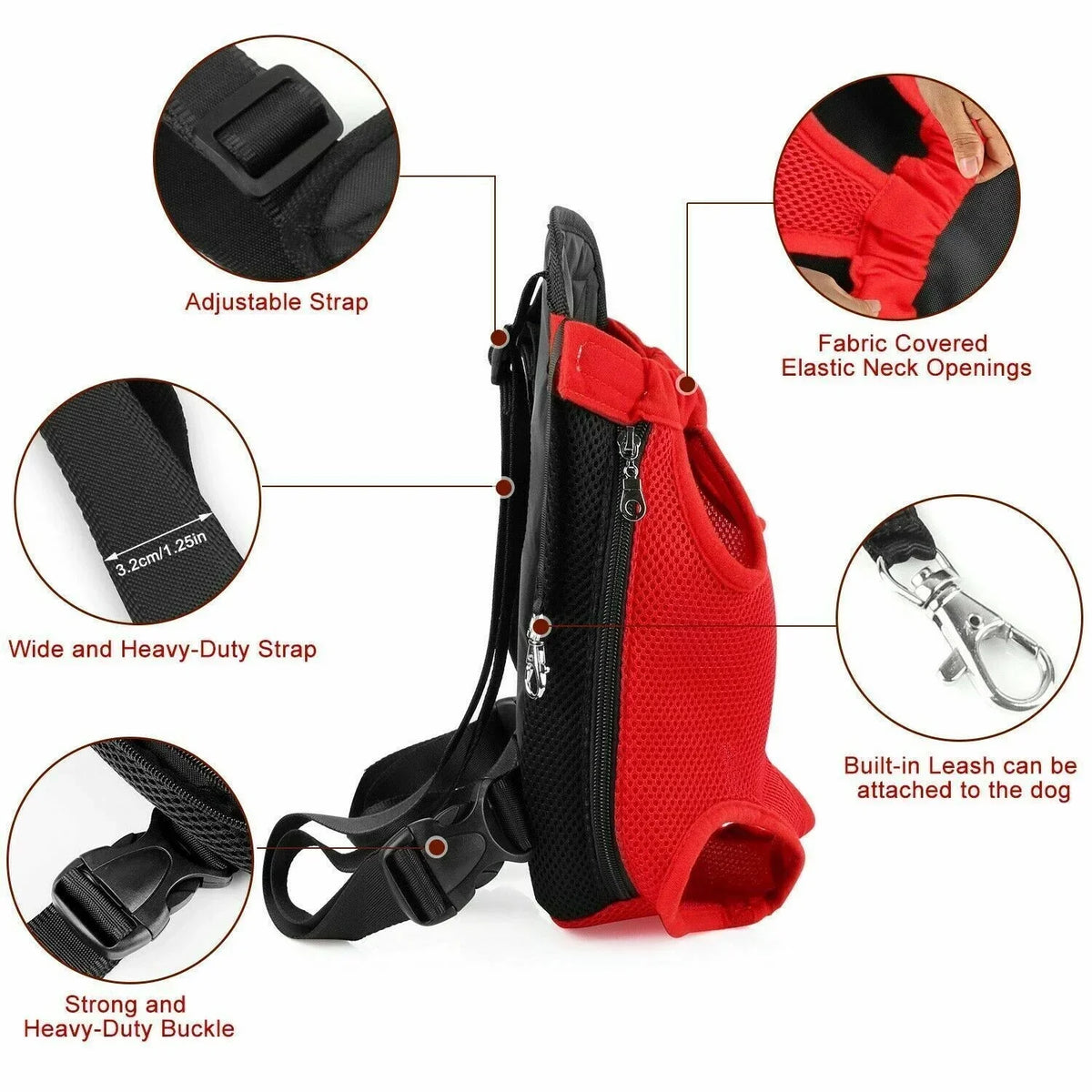 Black and red fabric covered elastic neck openings adjustable strap leash for cat and dog carrier backpack