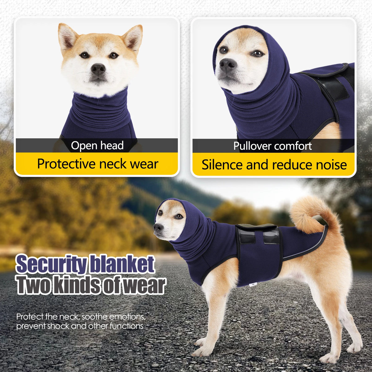 Un gilet de confort et une écharpe de protection bleue pour chiens.